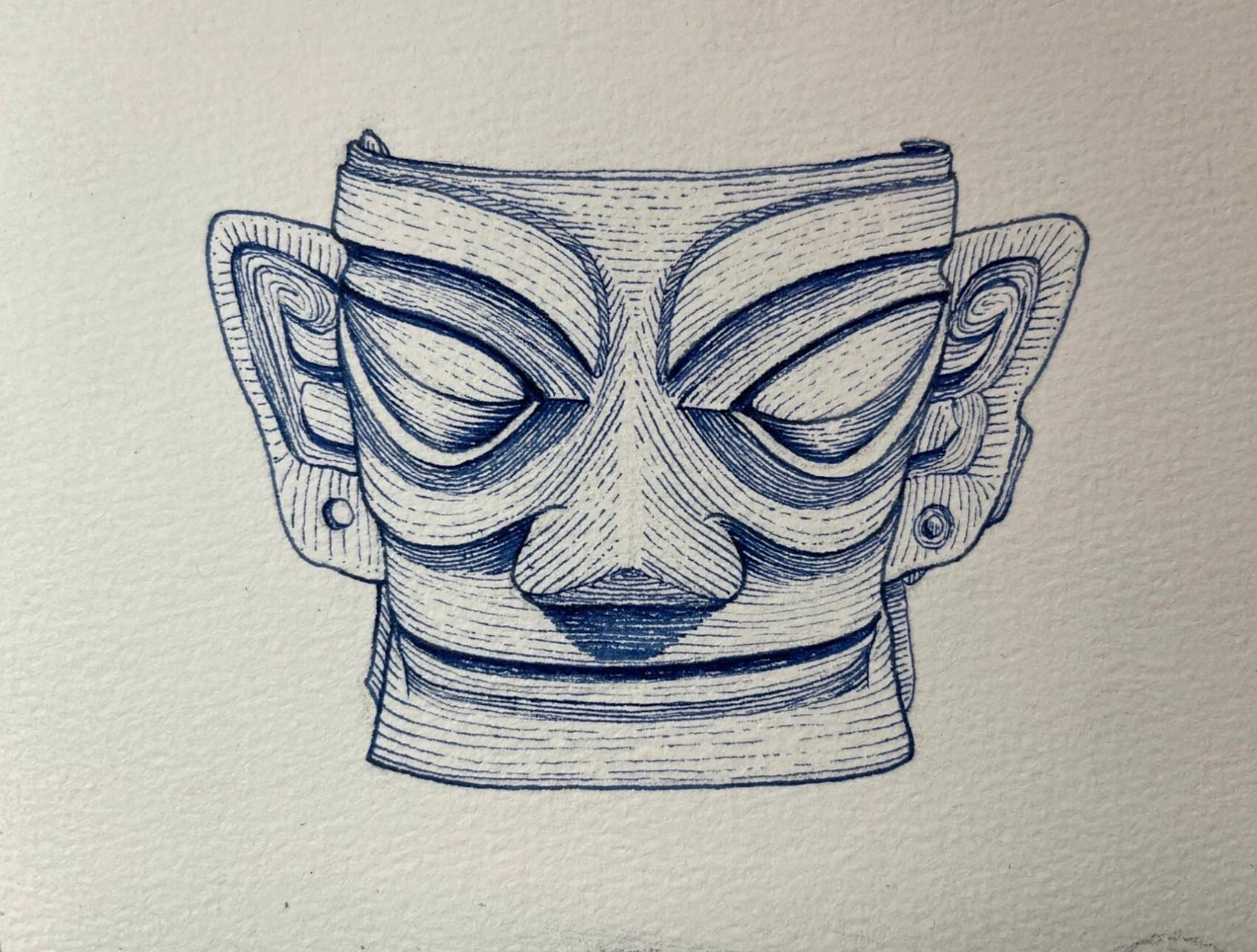 画一个三星堆面具91「钢笔画」                      素材