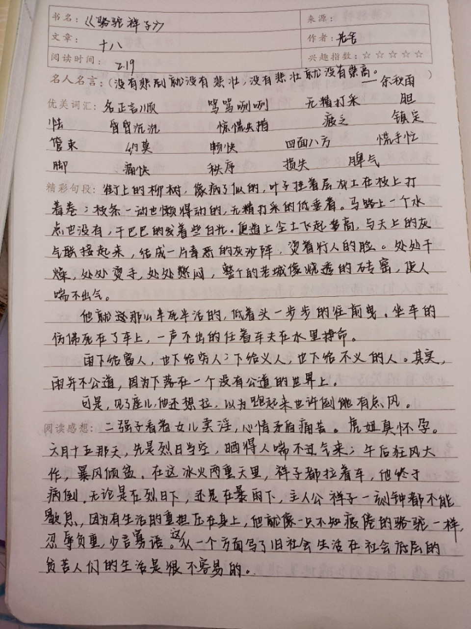 《骆驼祥子》十八章读书笔记 初中学习笔记