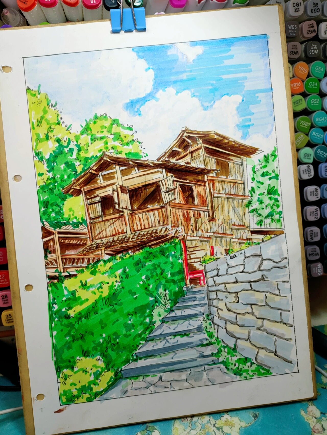 马克笔风景画《宁德屏南夏古村