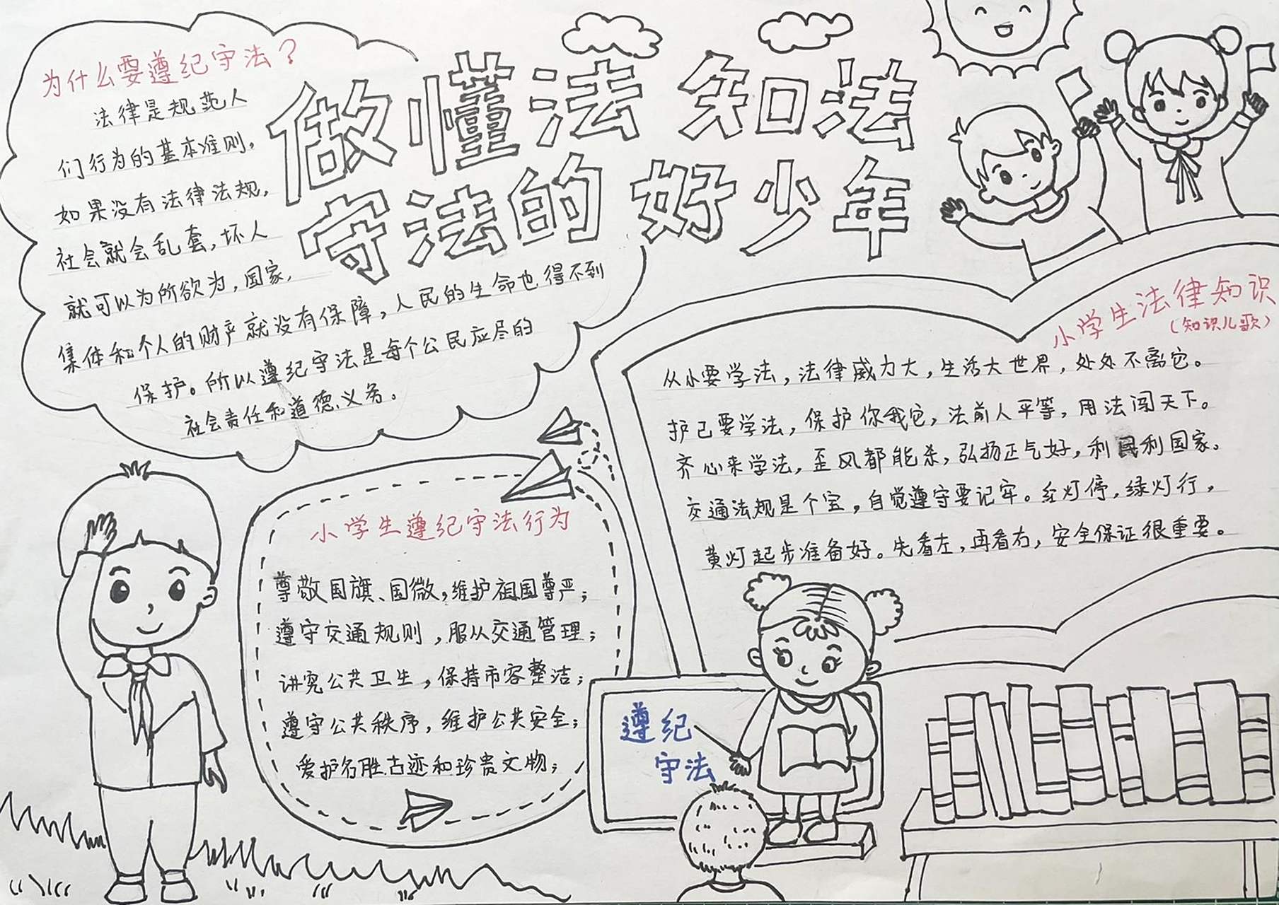 小学生遵纪守法a4纸彩铅手绘手抄报
