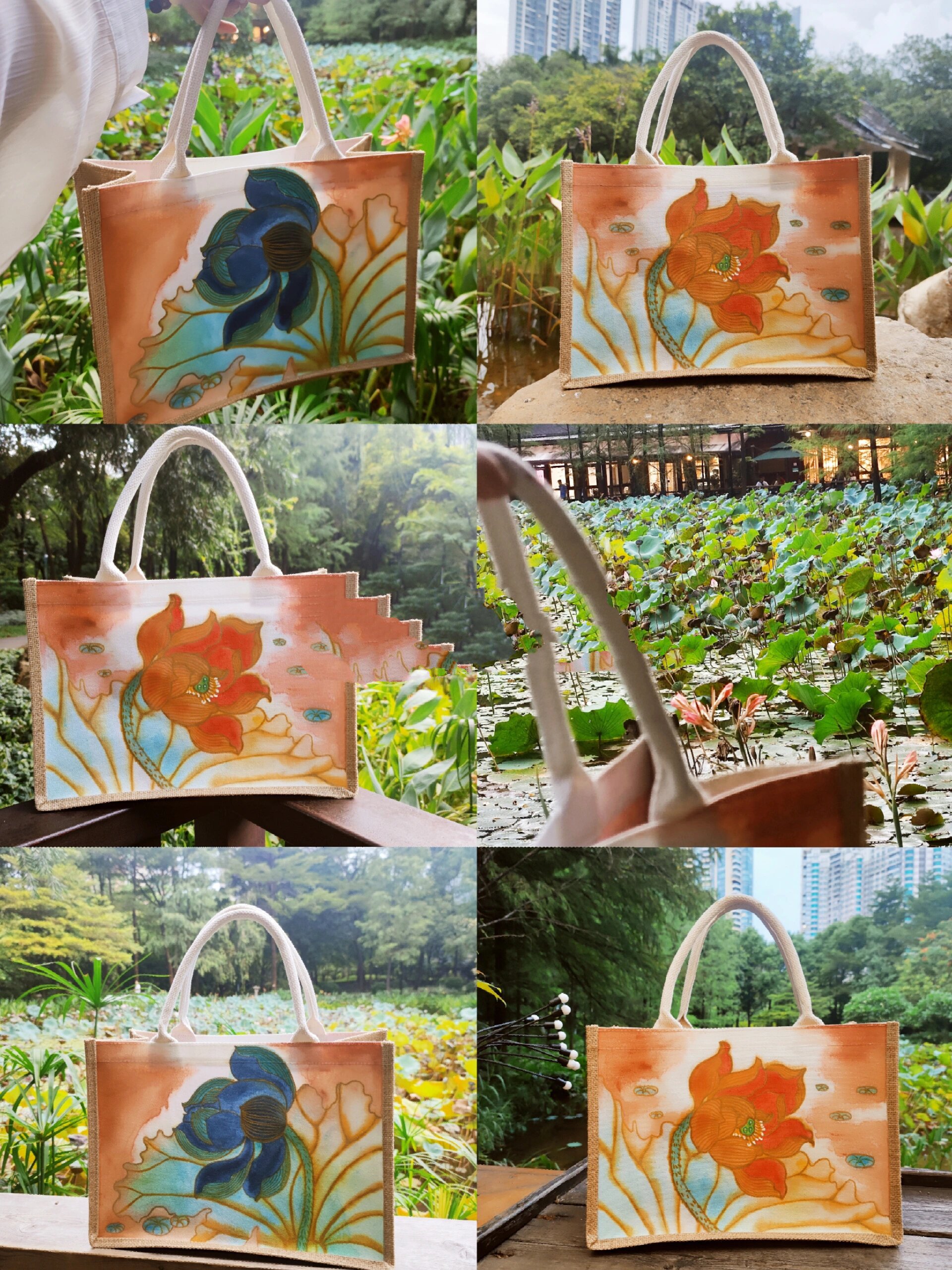 手绘荷花国风包包96