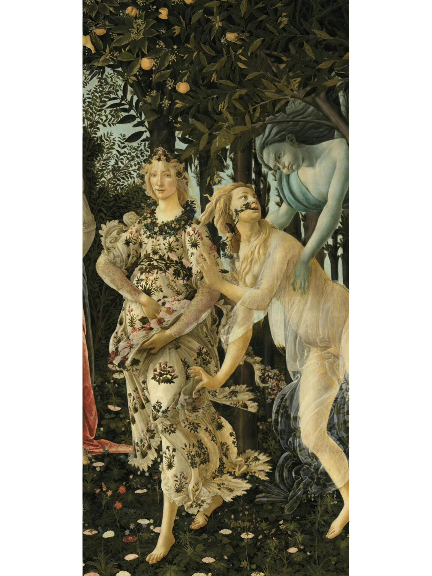 《春》-波提切利 《春》这件作品以坦培拉画法完成,相比油彩,坦培拉有