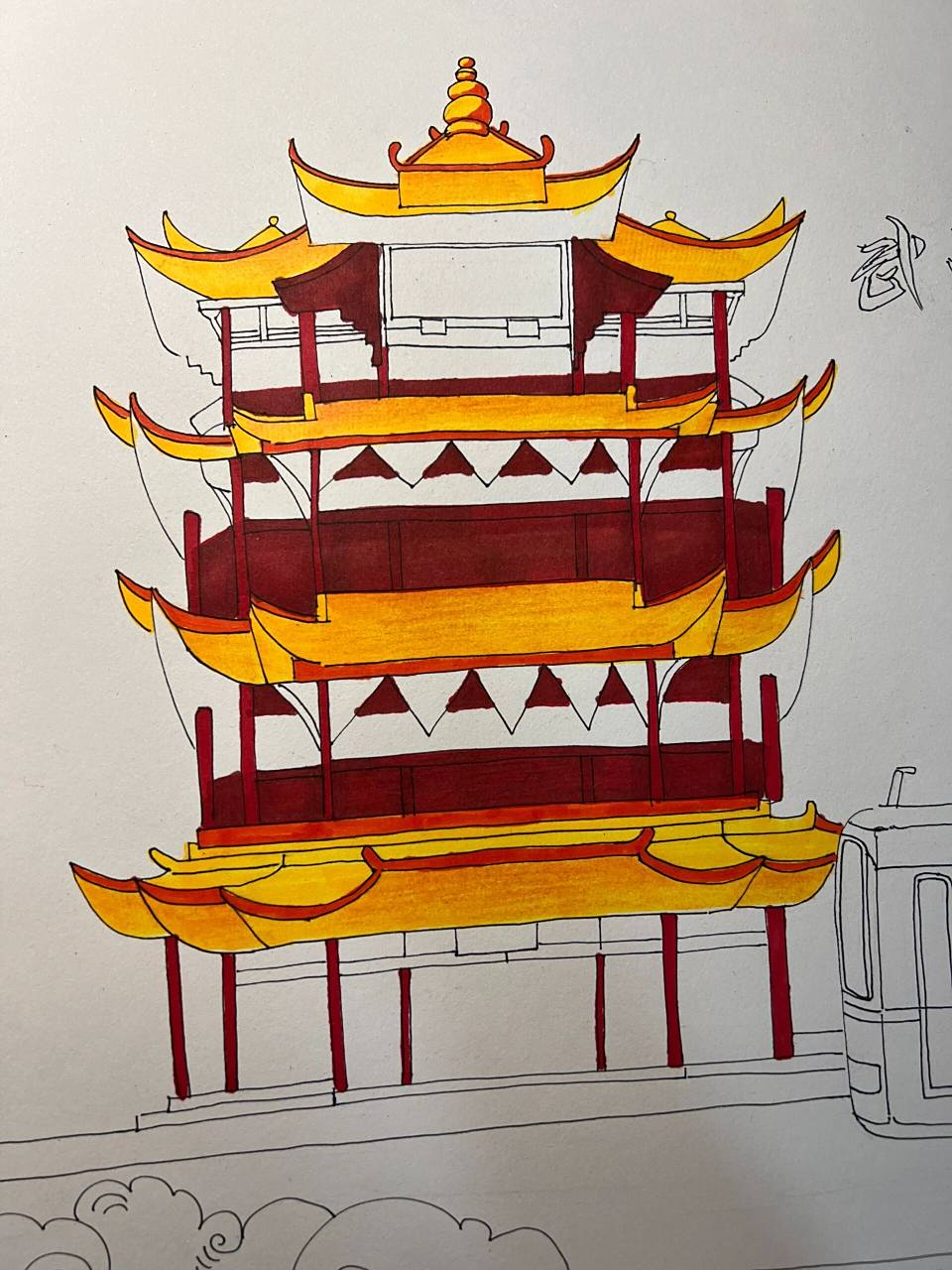 简笔画 手绘马克笔黄鹤楼步骤图