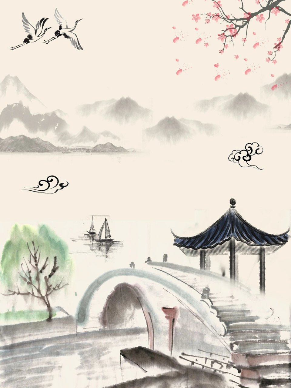 梦里水乡水墨江南海报素材古风国画背景素材 7815 梦里水乡,水墨