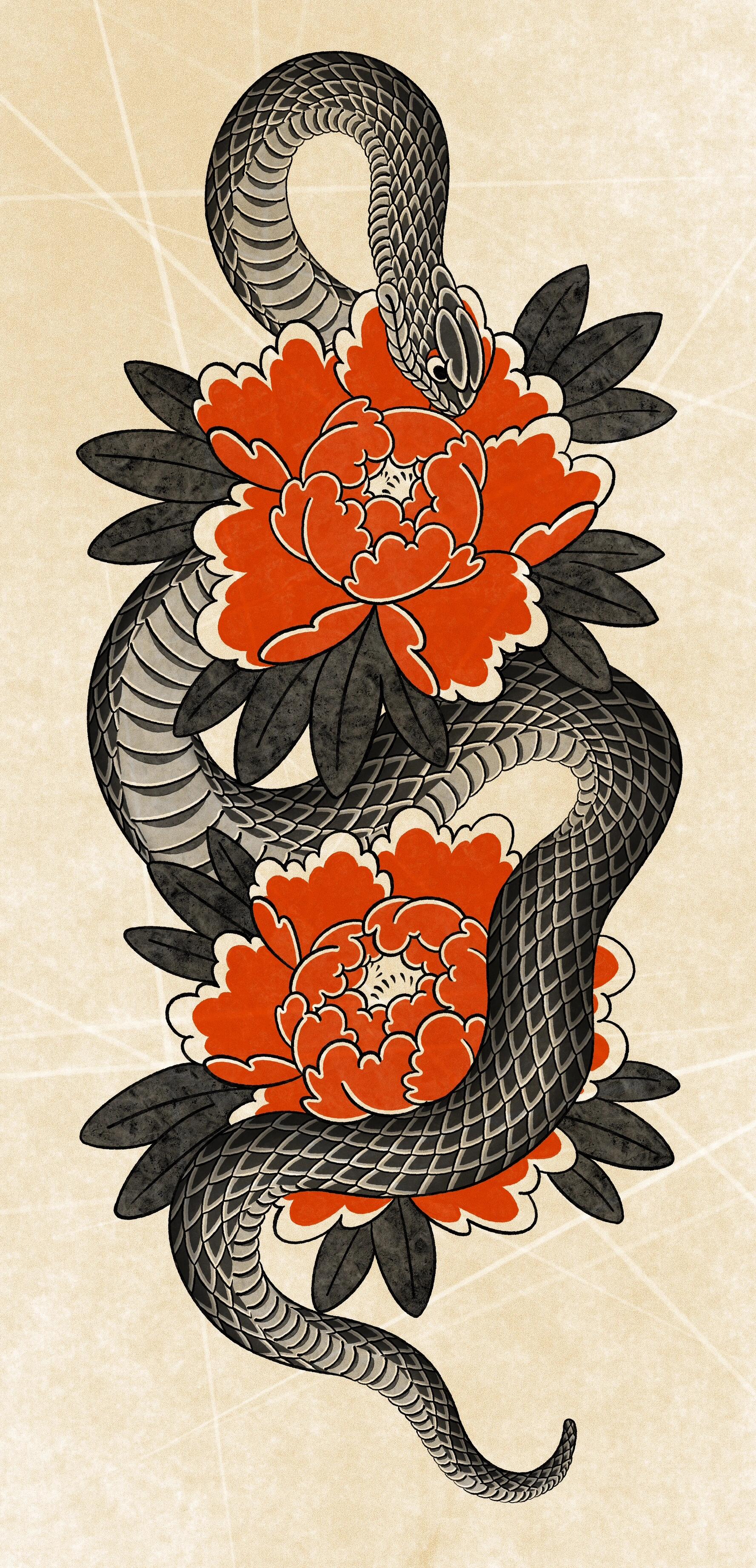 老传统纹身手稿|蛇与牡丹