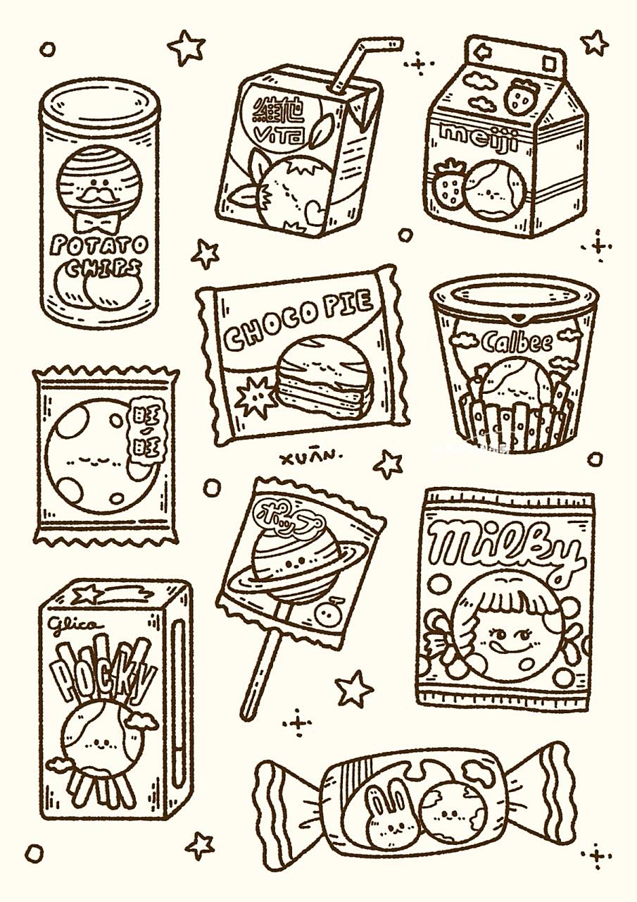 原创插画96画一些零食大礼包线稿 好多好多零食,虽然牙齿不好,不能