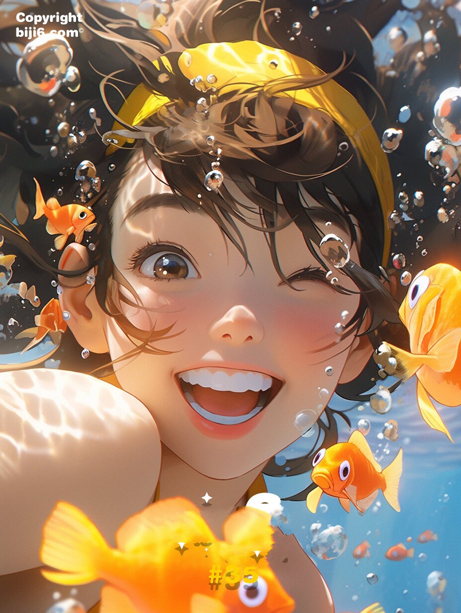 biji6壁纸 | 卡通 | 游泳女孩 8张 卡通小孩子在海里游泳,开心和小鱼