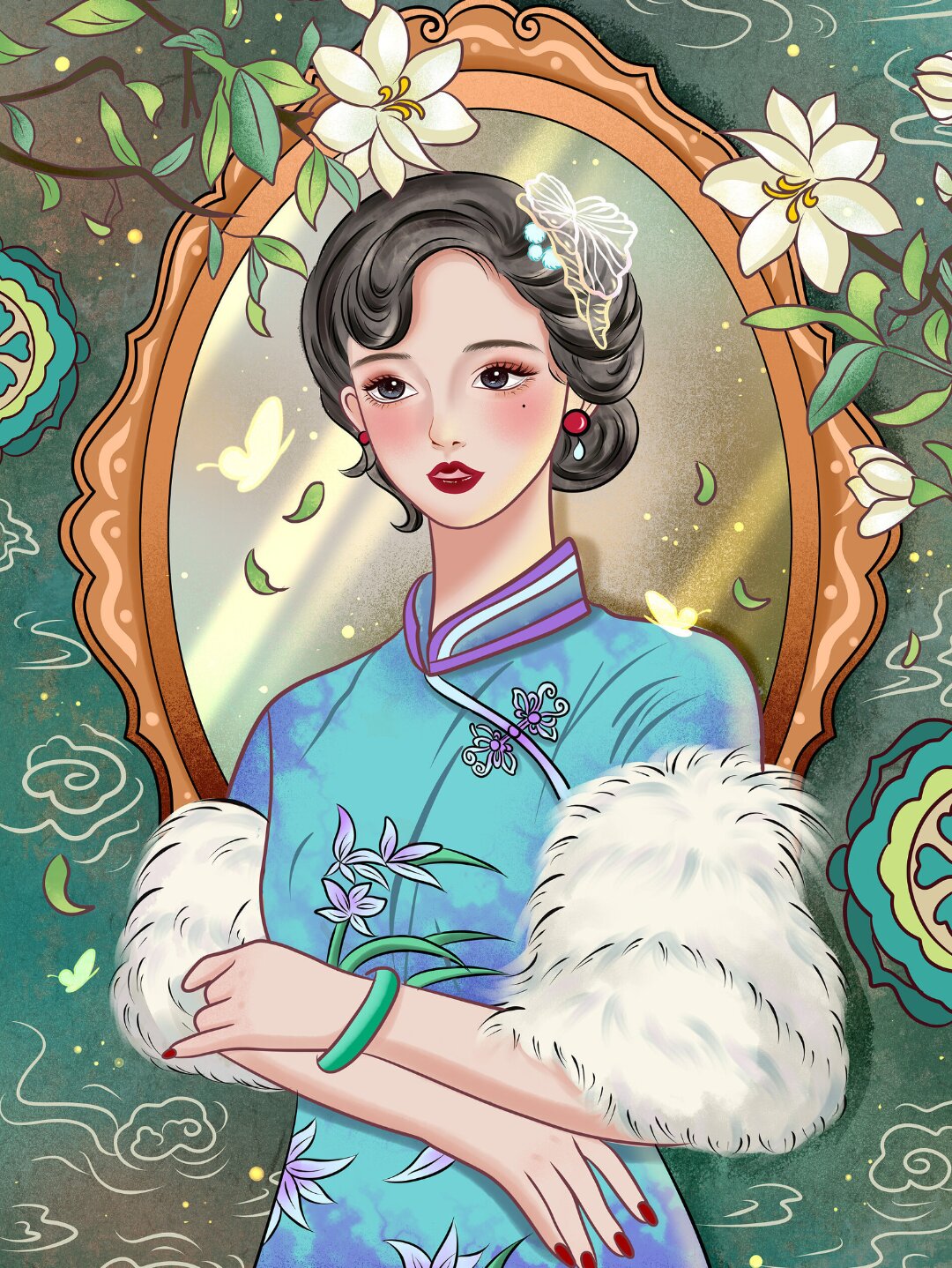 免扣元素|民国旗袍少女卡通国潮人物女孩