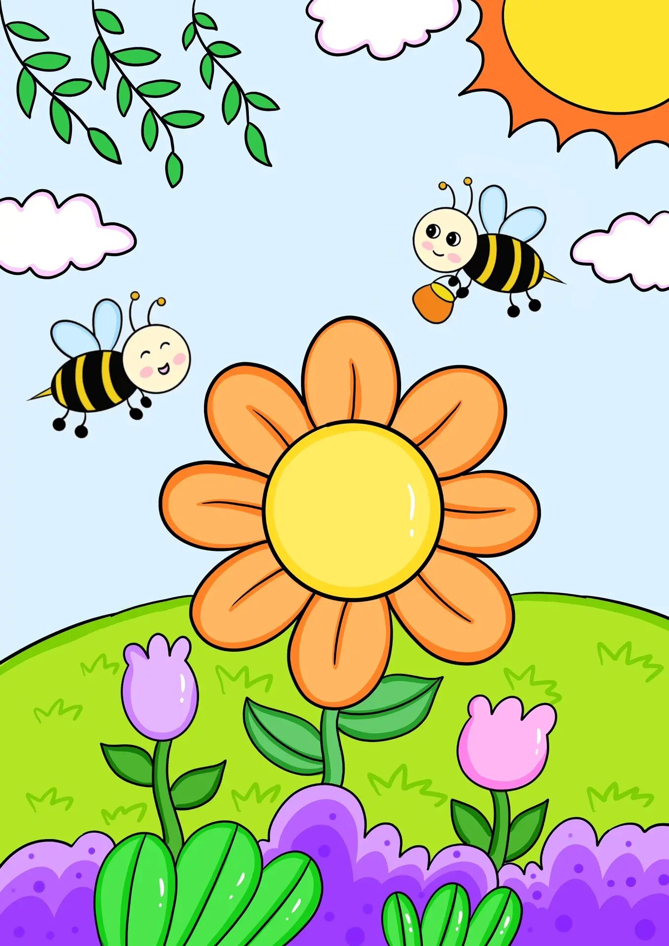 向日葵儿童画 勤劳的小蜜蜂卡通画 蜜蜂采蜜 🐝小蜜蜂儿童创意画