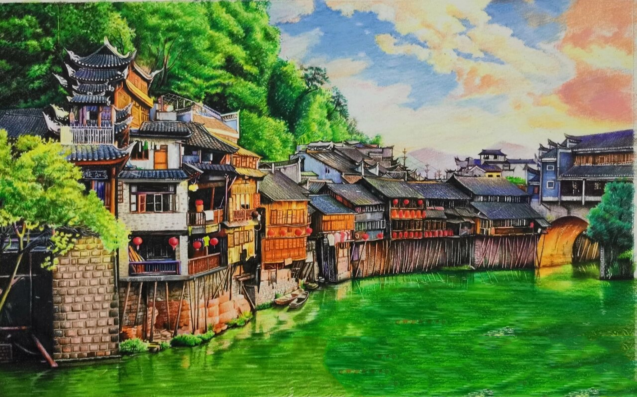 彩铅风景画 房屋图片