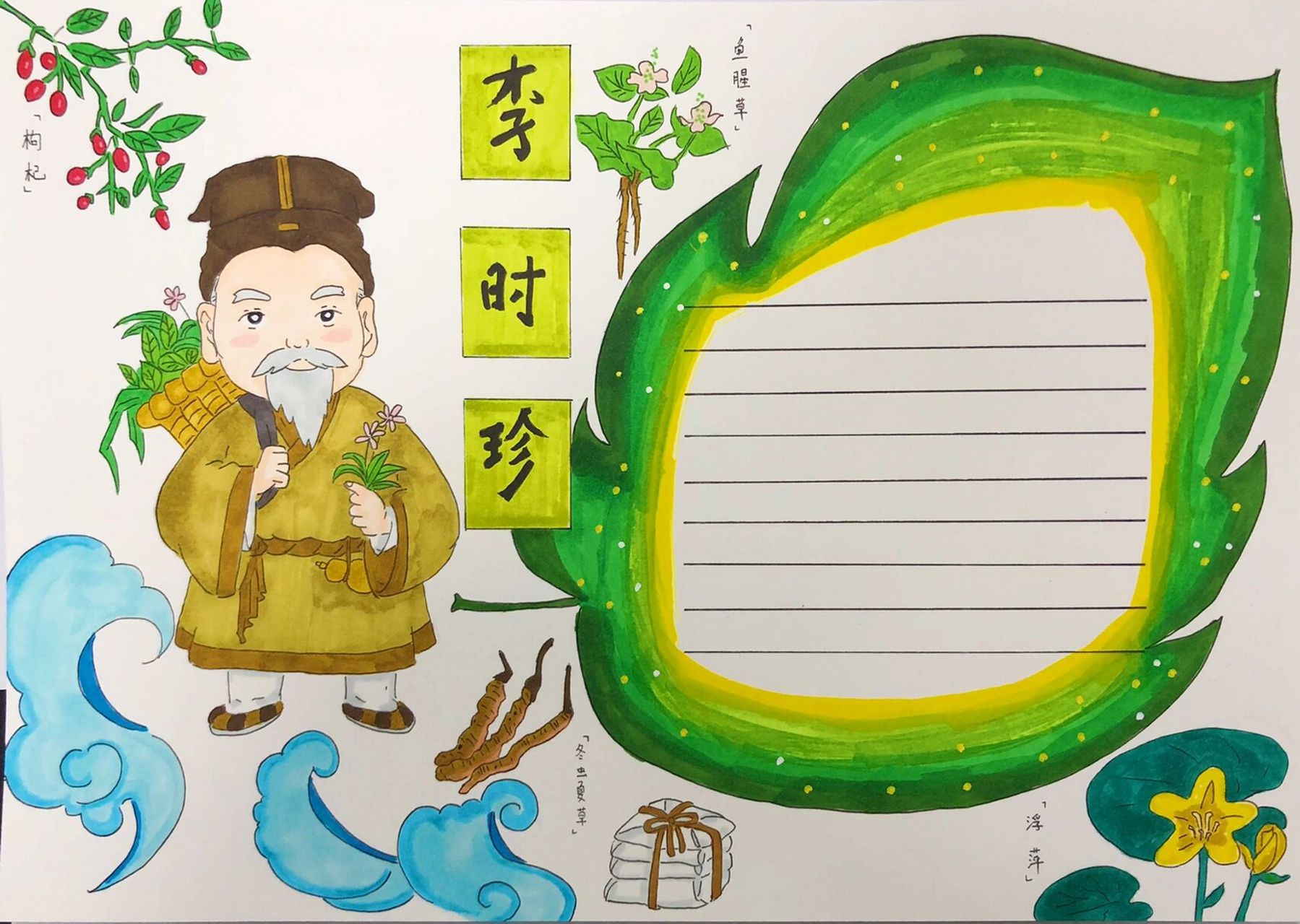 李时珍主题 中草药手抄报 有关李时珍的简笔画不多～  我这也是临摹的