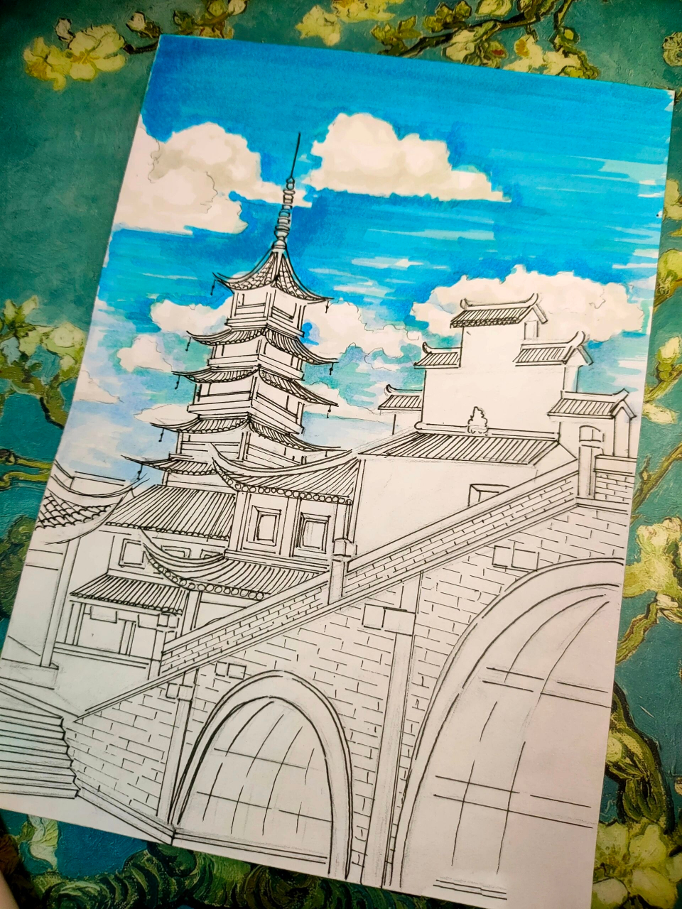 马克笔风景画《江南–千灯古镇》色稿 马克笔风景画《江南–千灯古镇