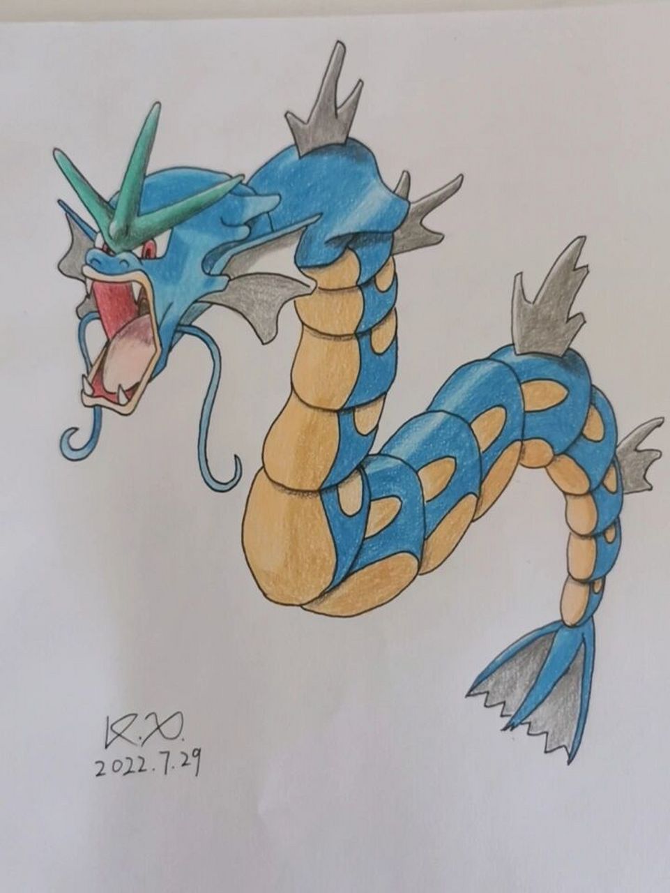 宝可梦彩铅手绘暴鲤龙 彩铅手绘暴鲤龙一条,昨天不小心踢了一脚我家的