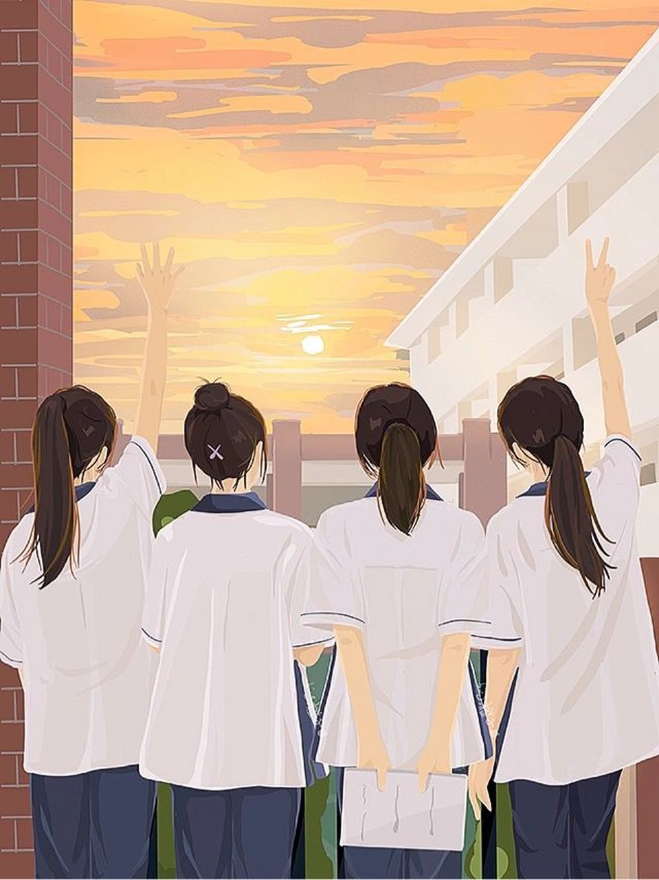 我的插画|闺蜜图补上4人组和7人组 校园日落系列的闺蜜图不更喽, 发型