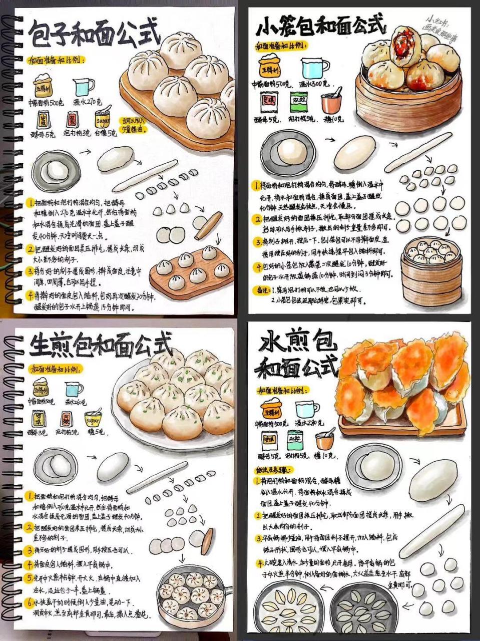 手绘食谱面食包子系列 馒头花卷馅饼等手绘食谱已更新 和面比例真实可