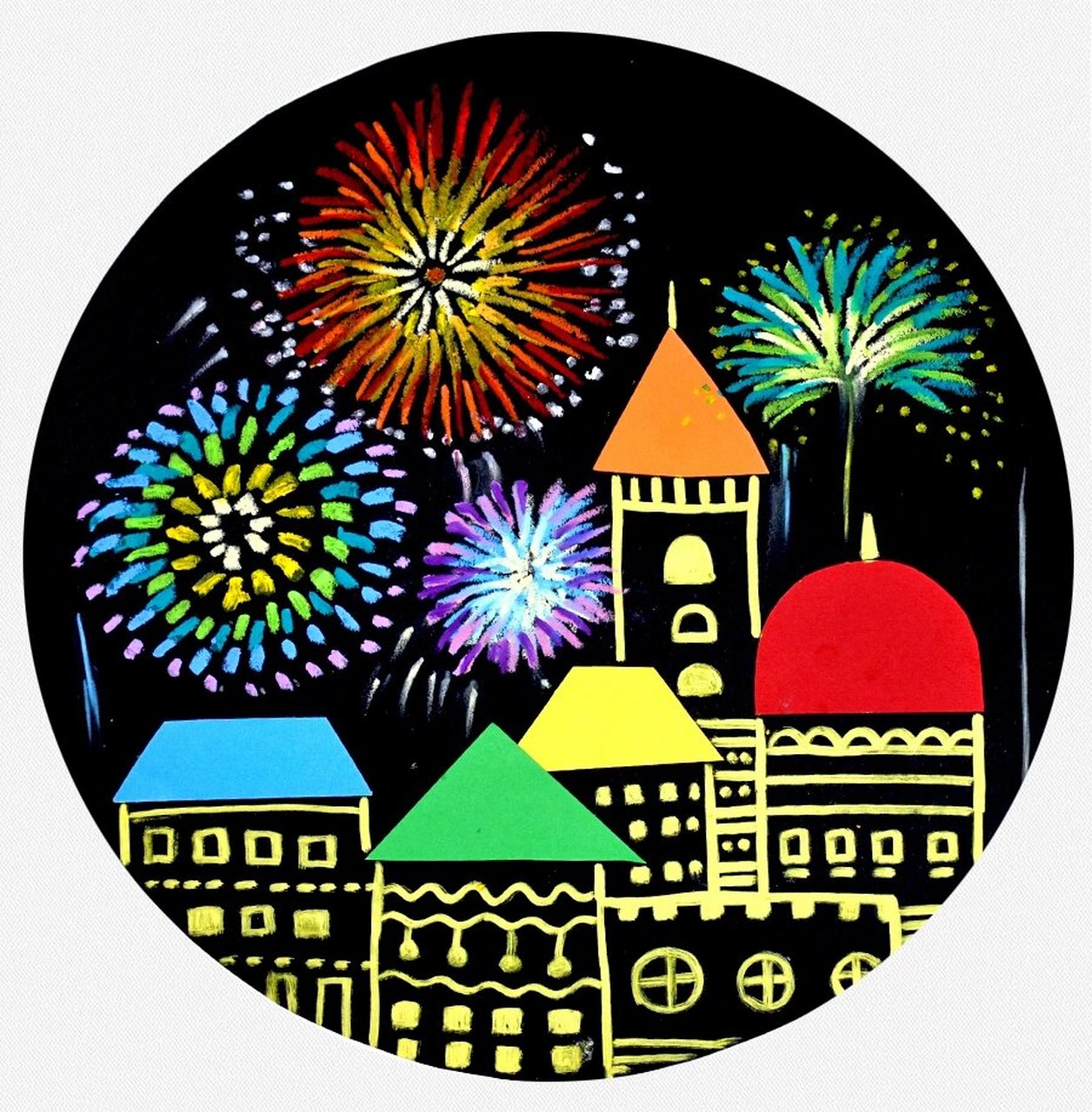 儿童画教程|夜空中的烟花 【教学重难点】 7315 ①运用油画棒在