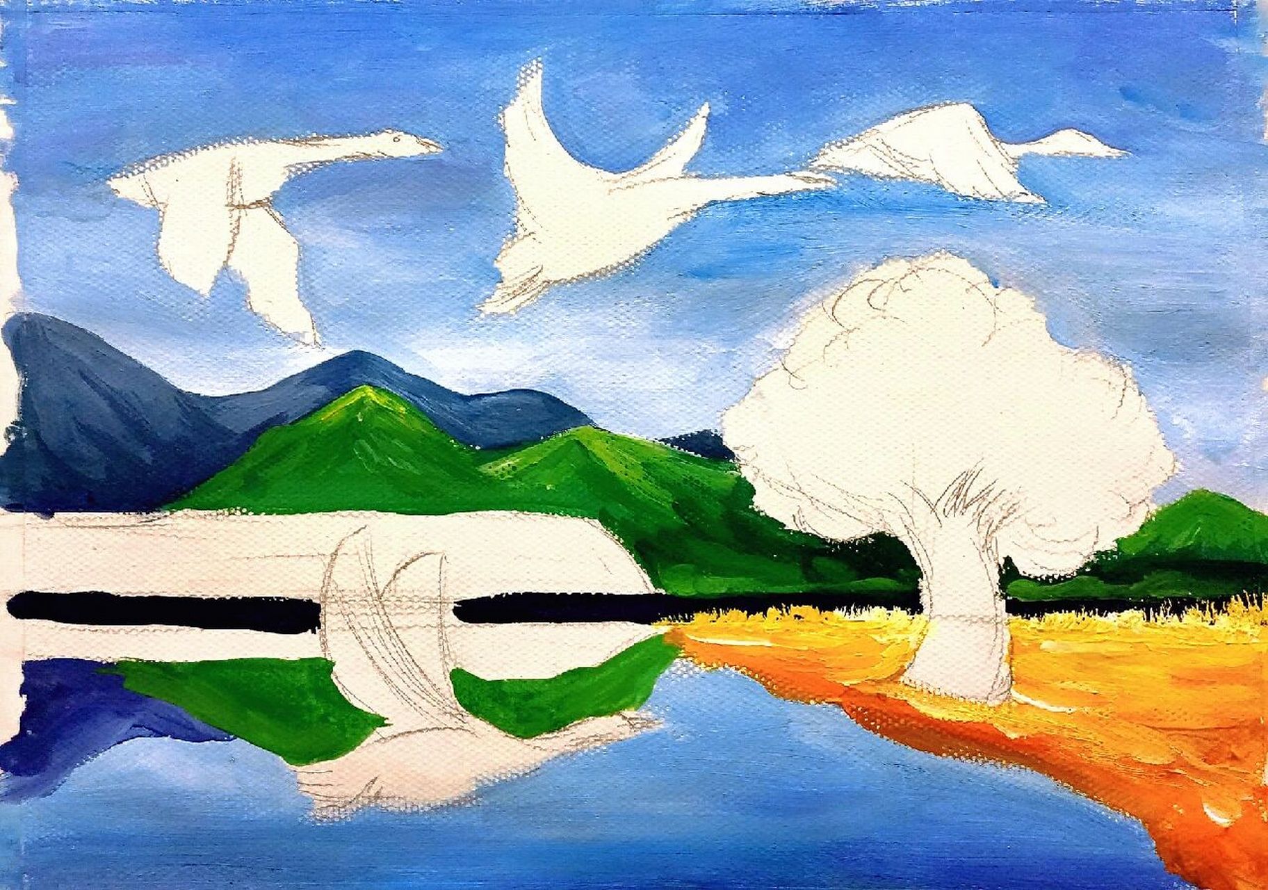 水粉风景—《秋日•雁南飞》 绘画主题:《秋日•雁南飞》 绘画