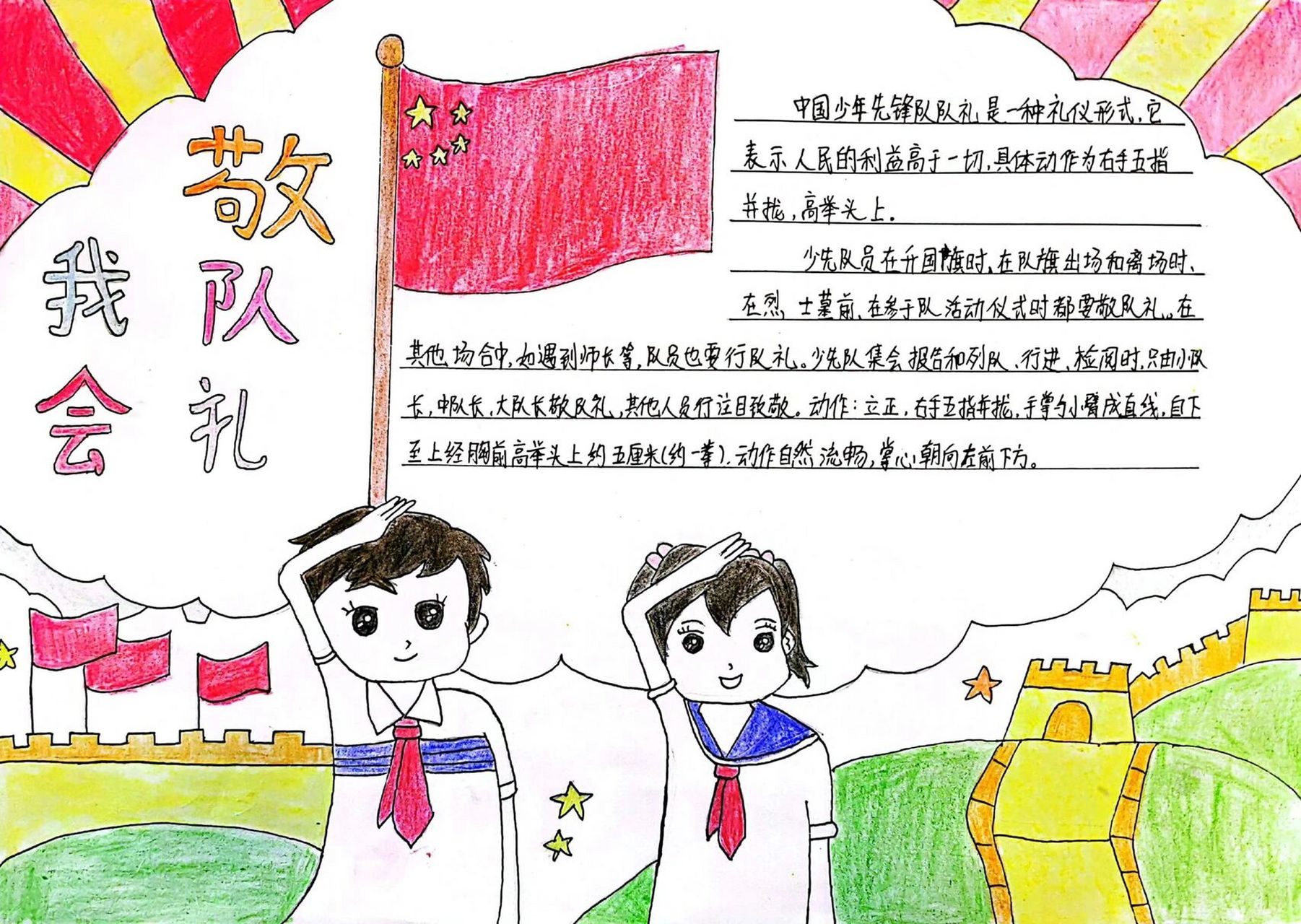 我会敬队礼 少先队员手抄报 五星红旗9899 少年队员手抄报