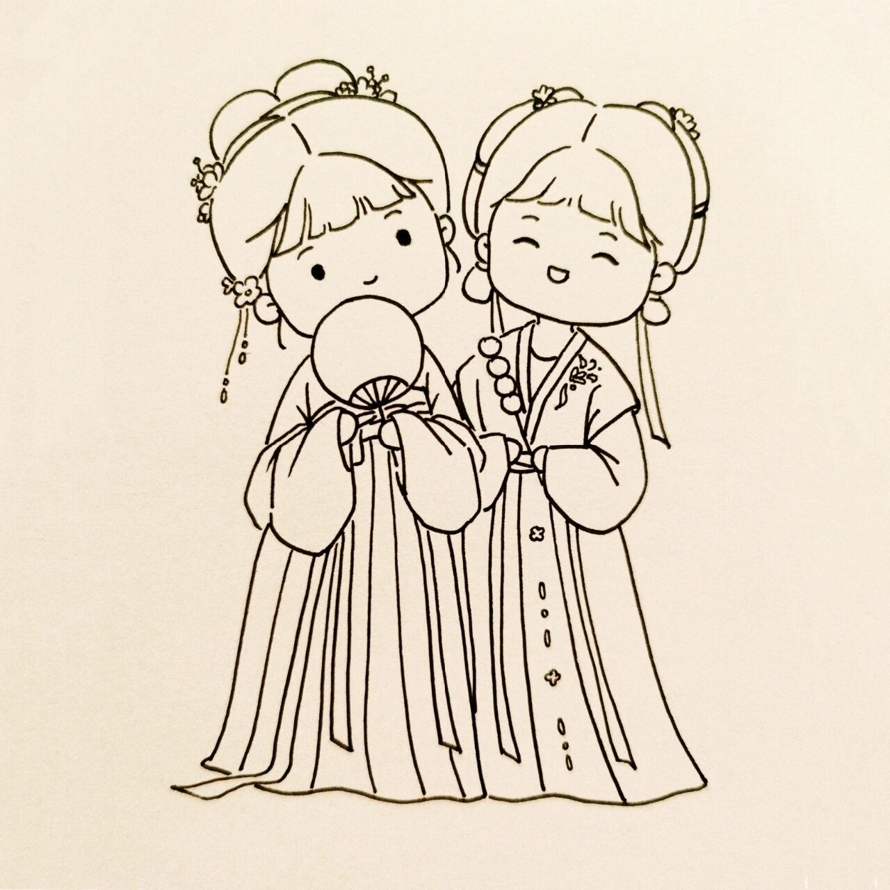 古风插画|简笔画|92两只汉服少女 女孩子真是太美好啦