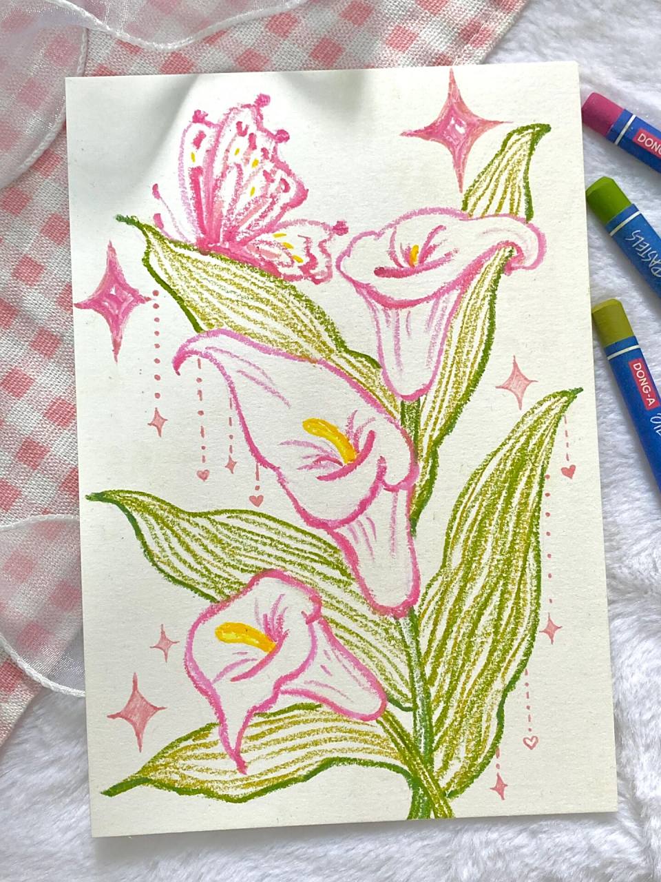 马蹄莲蝴蝶03 今天分享的是马蹄莲油画棒简笔画花卉系列更多可以