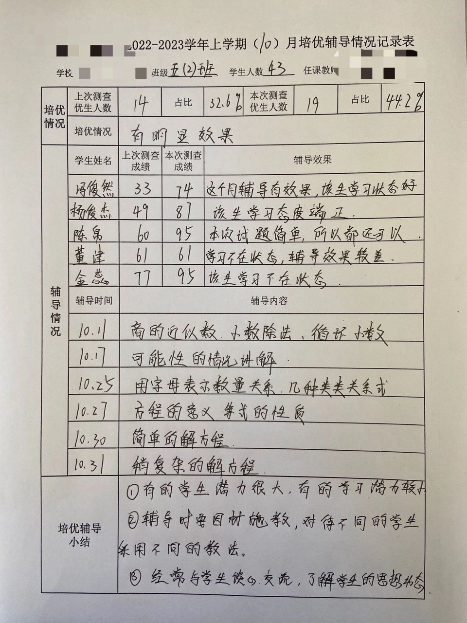 10月份五年级上册数学培优辅差记录表 关注我分享电子版哟