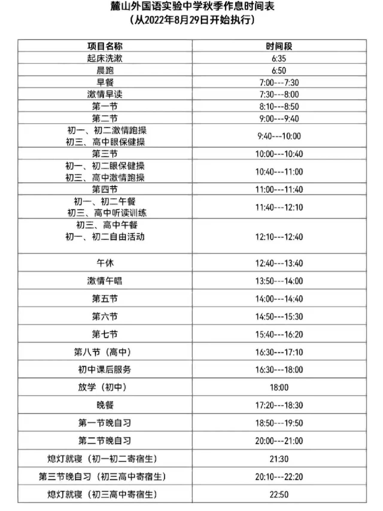 长沙市部分初中名校作息时间表