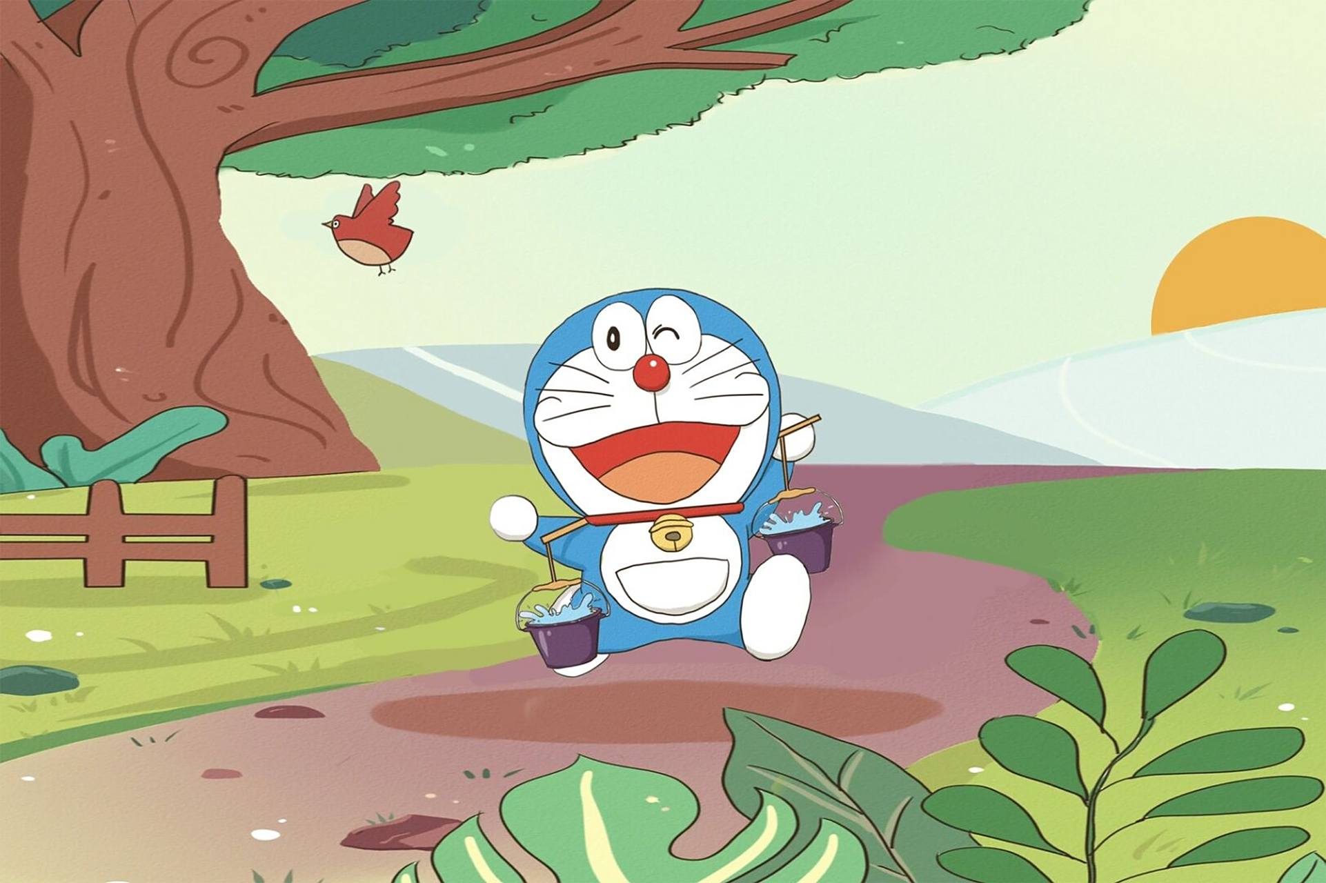 哆啦a梦壁纸,一个哆啦挑水喝 绘图:哆啦的博物馆7015谢诗yi #简笔