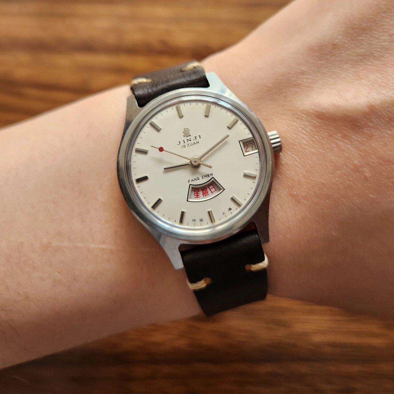 上海手表厂 金鸡牌双历表 80年代生产,上海表厂二级品牌,少见银色款式