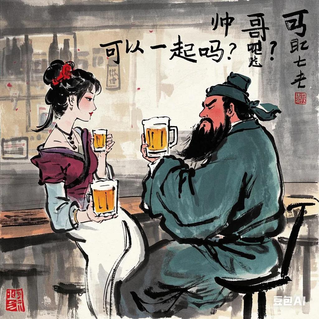 关羽一个人在酒吧喝酒,貂蝉跑过来