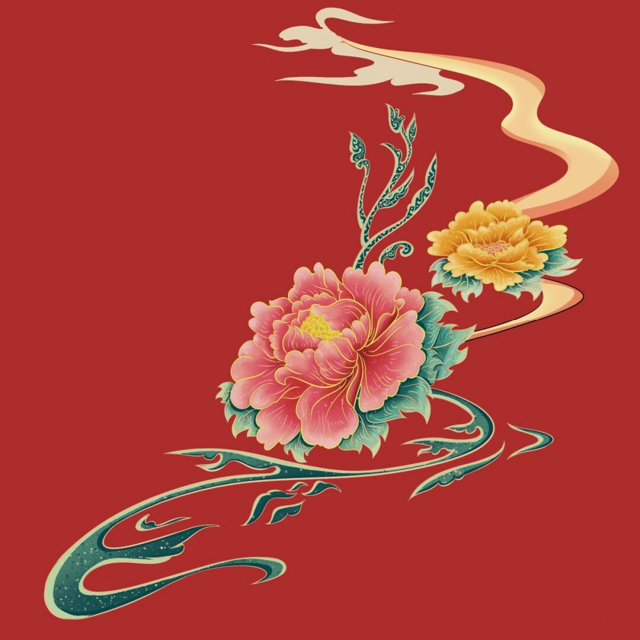 国潮牡丹花包装插画 花好月圆富贵月饼包装,还没有用样机#国潮插画