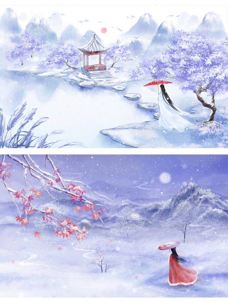 唯美冬天古风背景|古风人物背影 日暮苍山远,天寒白屋贫.