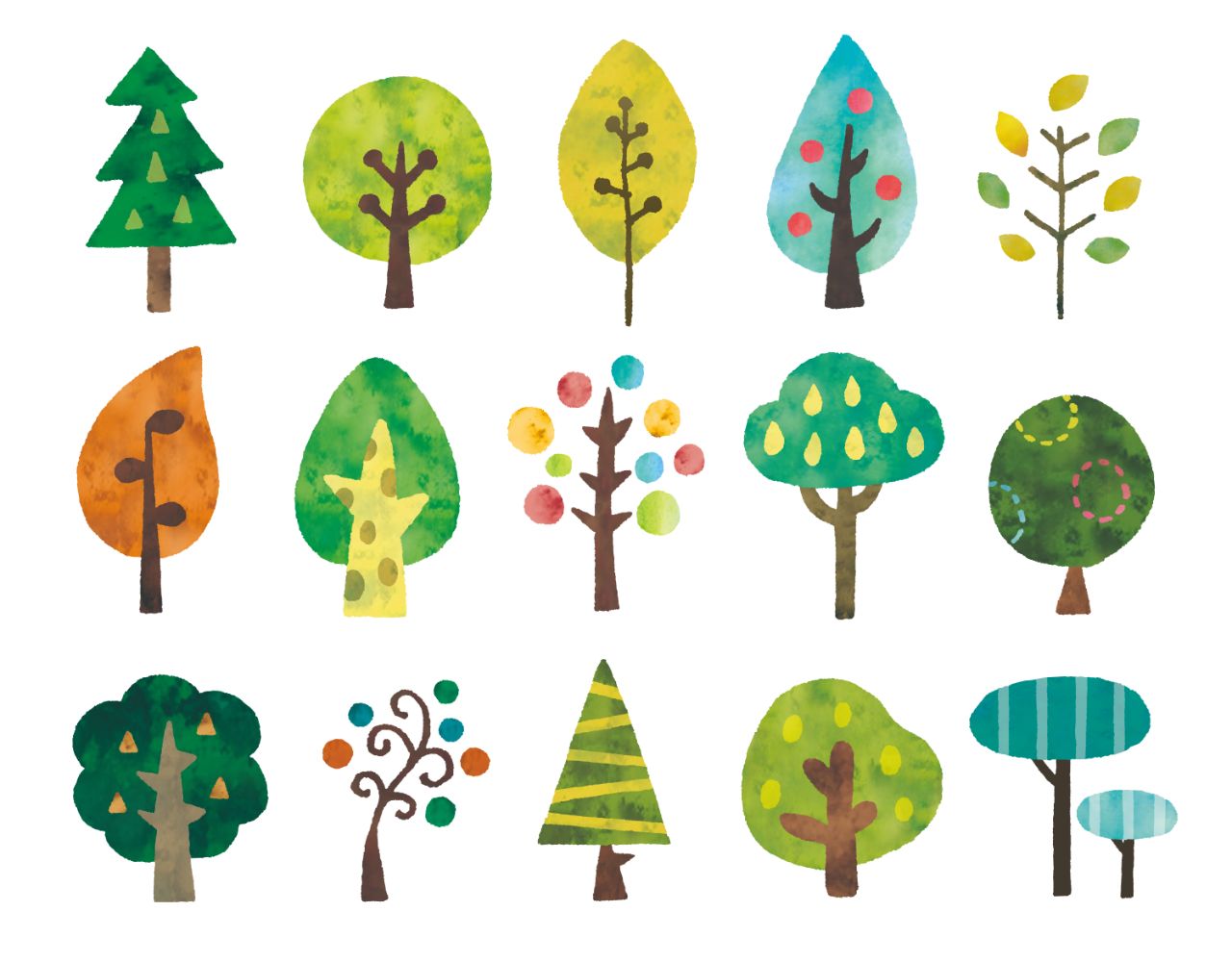 手绘卡通森林树林树木绿植物插画