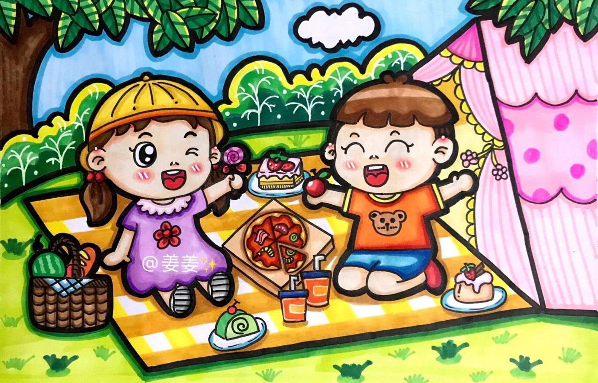 27 《野餐》儿童画 幼师考编必备 适用主题:《野餐》,《快乐的假期》