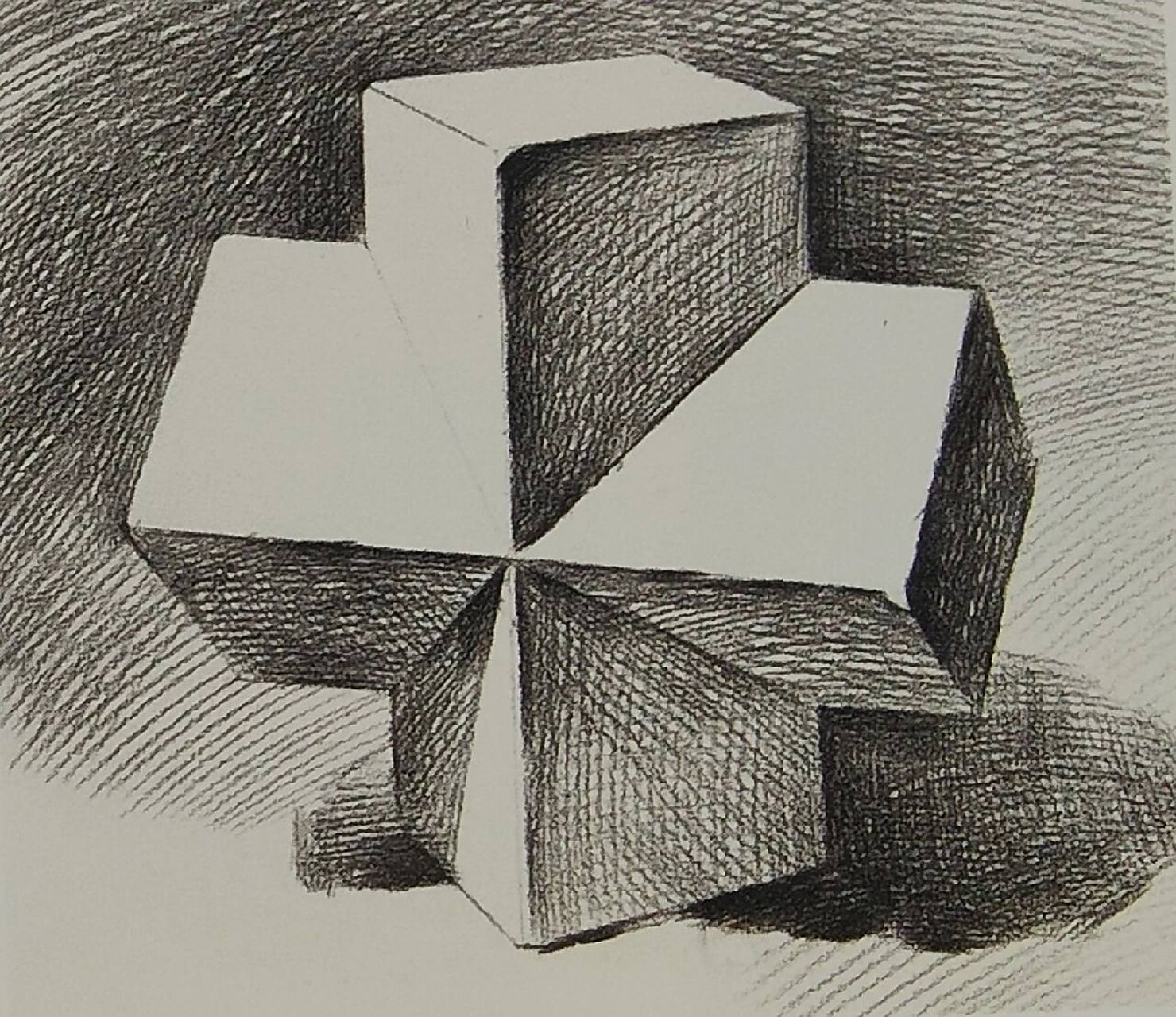 济南三人行画室分享长方体穿插体构图技巧 长方体穿插体由两个长方体