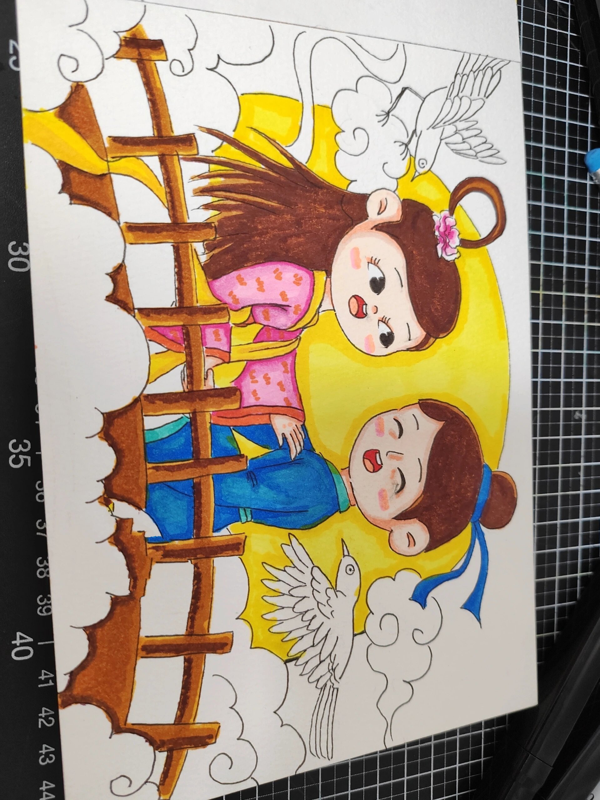 七夕儿童画/牛郎织女主题画 分享涂色步骤.