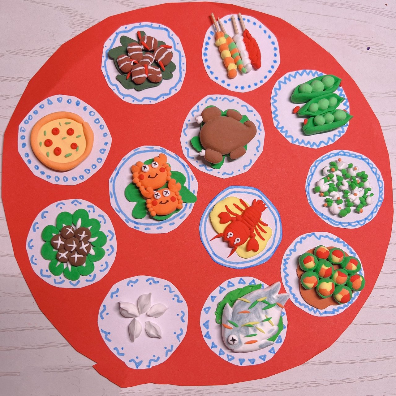 年夜饭除夕晚饭超轻粘土黏土手工美食成品 客订学校手工作业 红纸圆