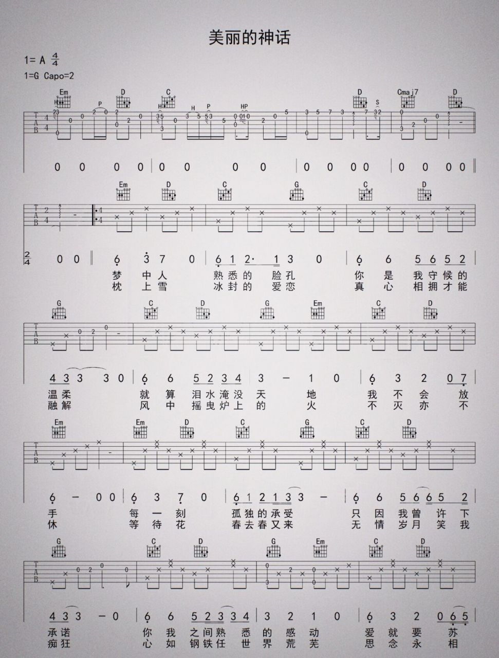 《美丽的神话》吉他谱      适合吉他,超好听的歌曲