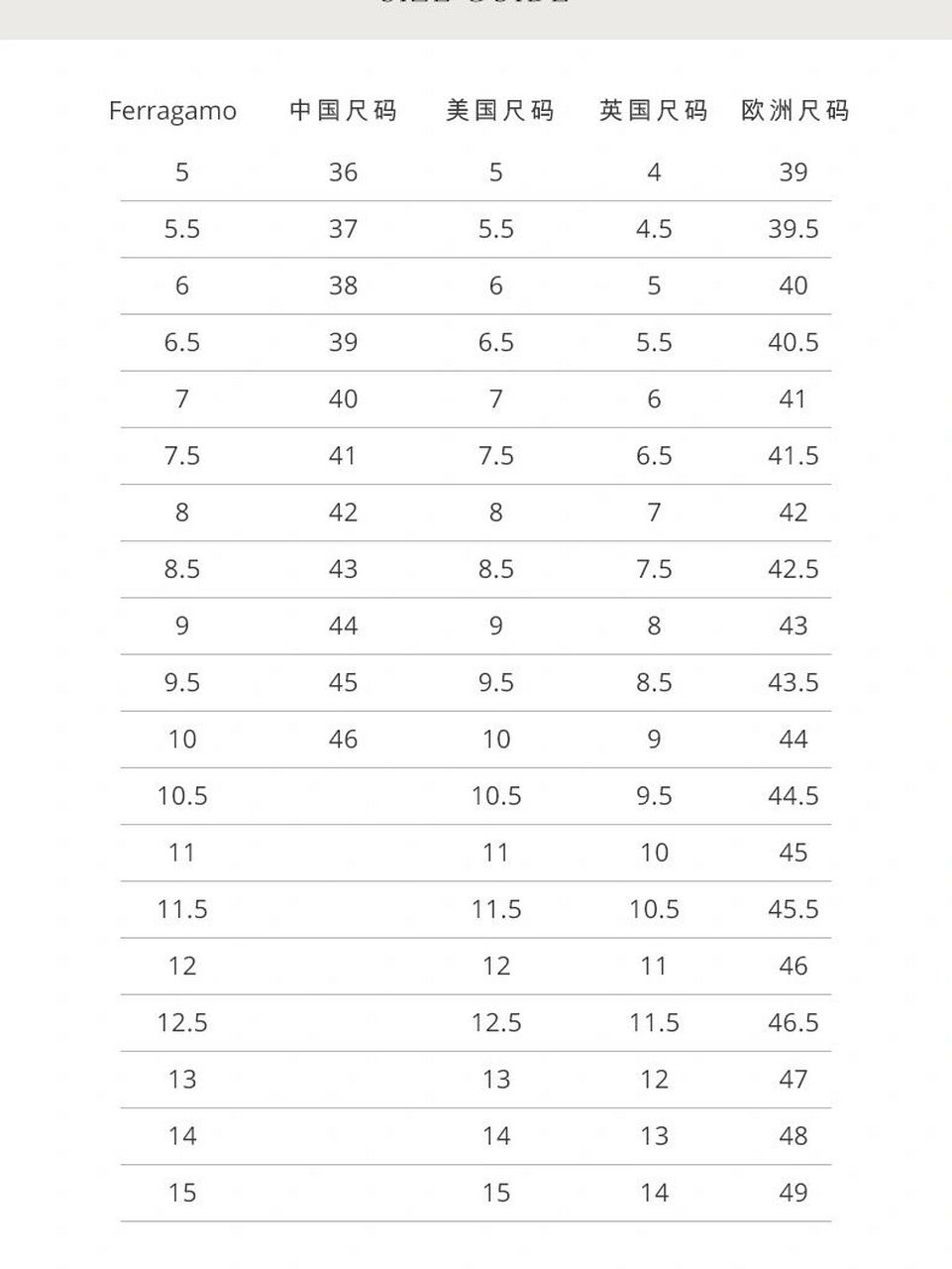 菲拉格慕ferragamo 男鞋尺码表 菲拉格慕ferragamo 男鞋尺码表
