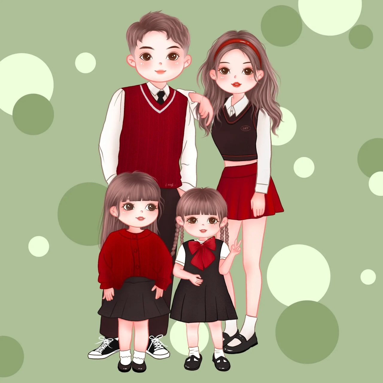 亲子头像/全家福/一家四口手绘/幸福一家人 一家四口,两女儿头像,红色