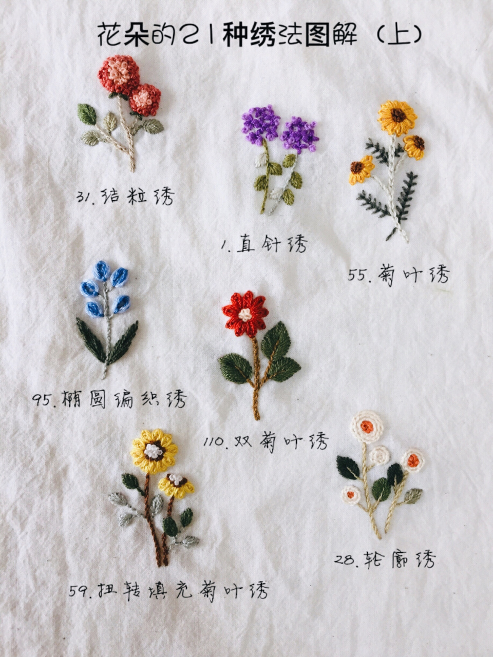 花朵98的21种绣法图解(上) | 附刺绣画 超简单的花朵绣法分享 让