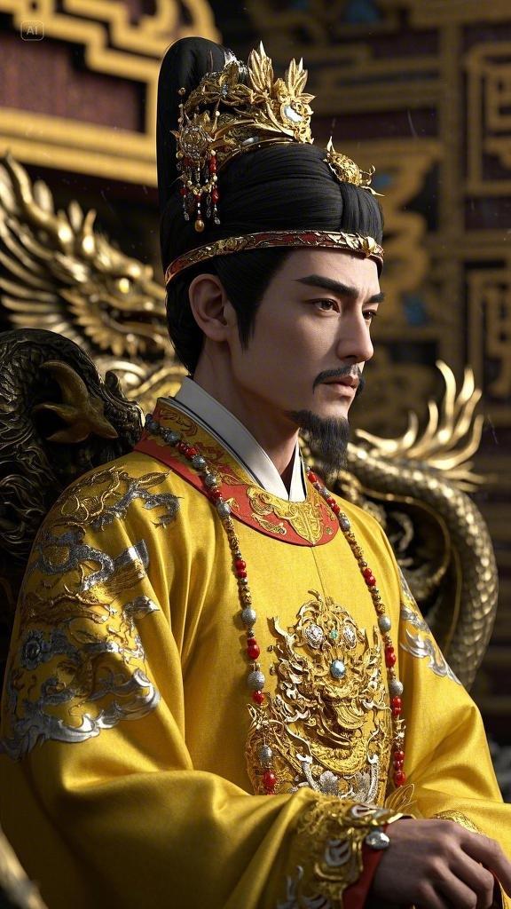 一位气度非凡的唐朝皇帝,身着一袭华丽无比的明黄色龙袍,庄重地端坐在