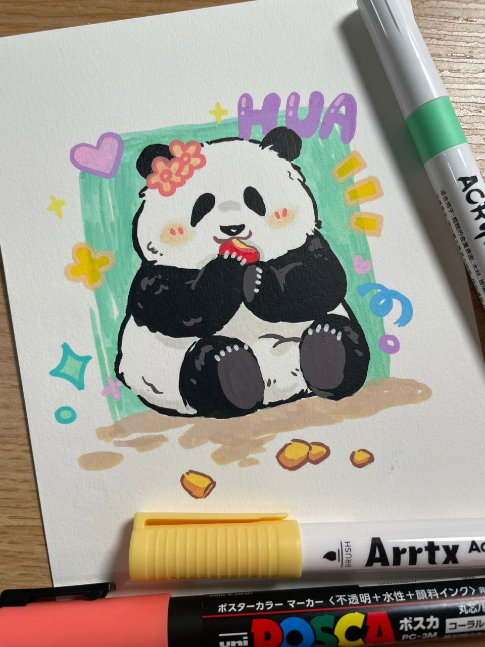 每日一画|熊猫果赖·花花,丙烯马克笔(含步骤 最近沉迷看各种熊猫崽崽