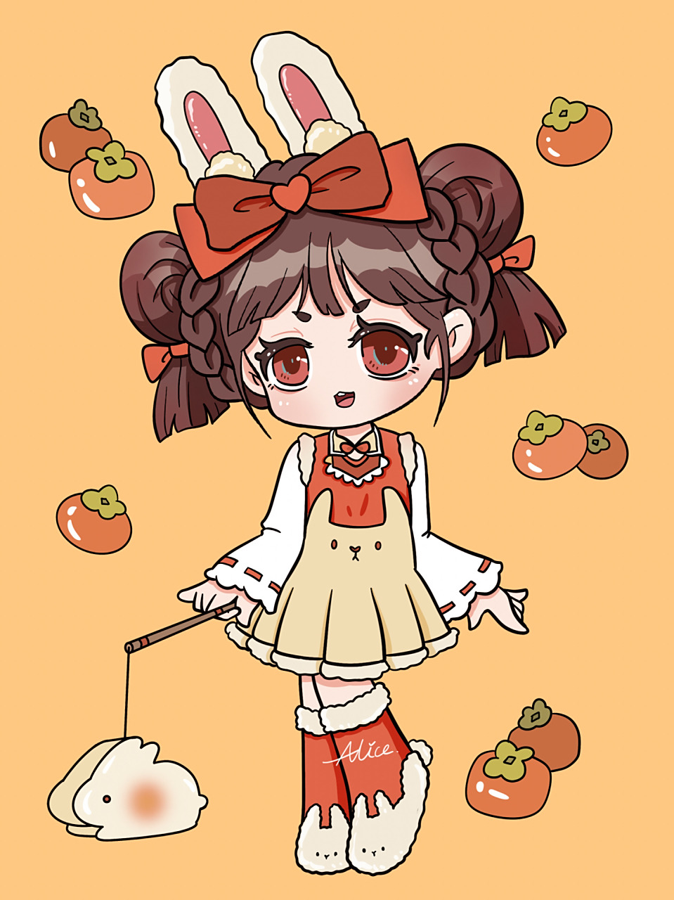 兔年新年元旦春节简笔画贴纸卡通q版人物 原创动漫人物兔子女孩 兔年