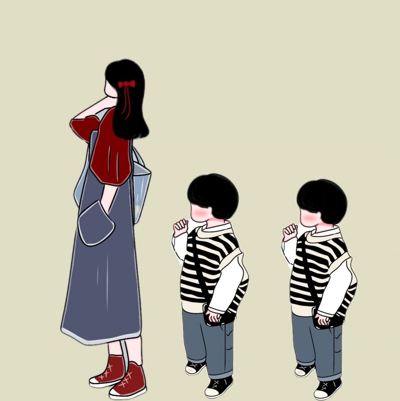 原创手绘亲子母子母女三人头像无水印两个儿 明明我很明事理,自己生的