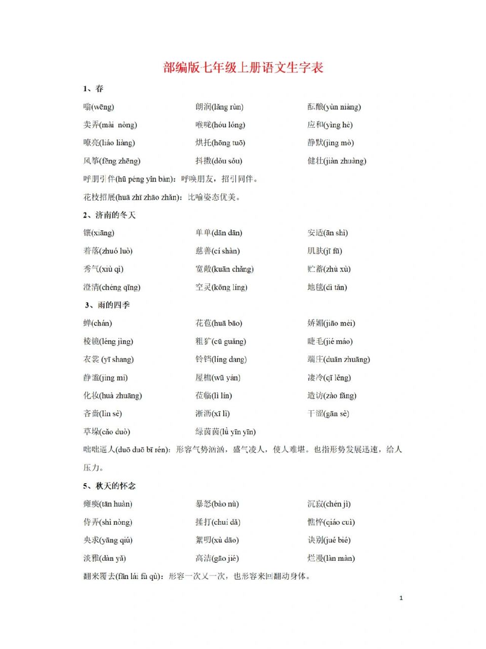 部编版七年级(上册)语文生字表(带拼音) 初一(上)语文课本生字词表