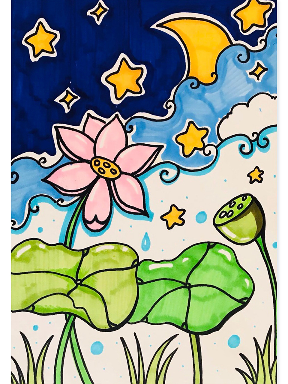 夏日荷花儿童画创意画步骤 96《夏日荷花》 儿童画100幅打卡:13/100