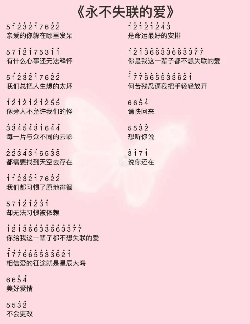 黎明觉醒乐谱分享《永不失联的爱》 78钢琴,吉他通用,具体按键位置