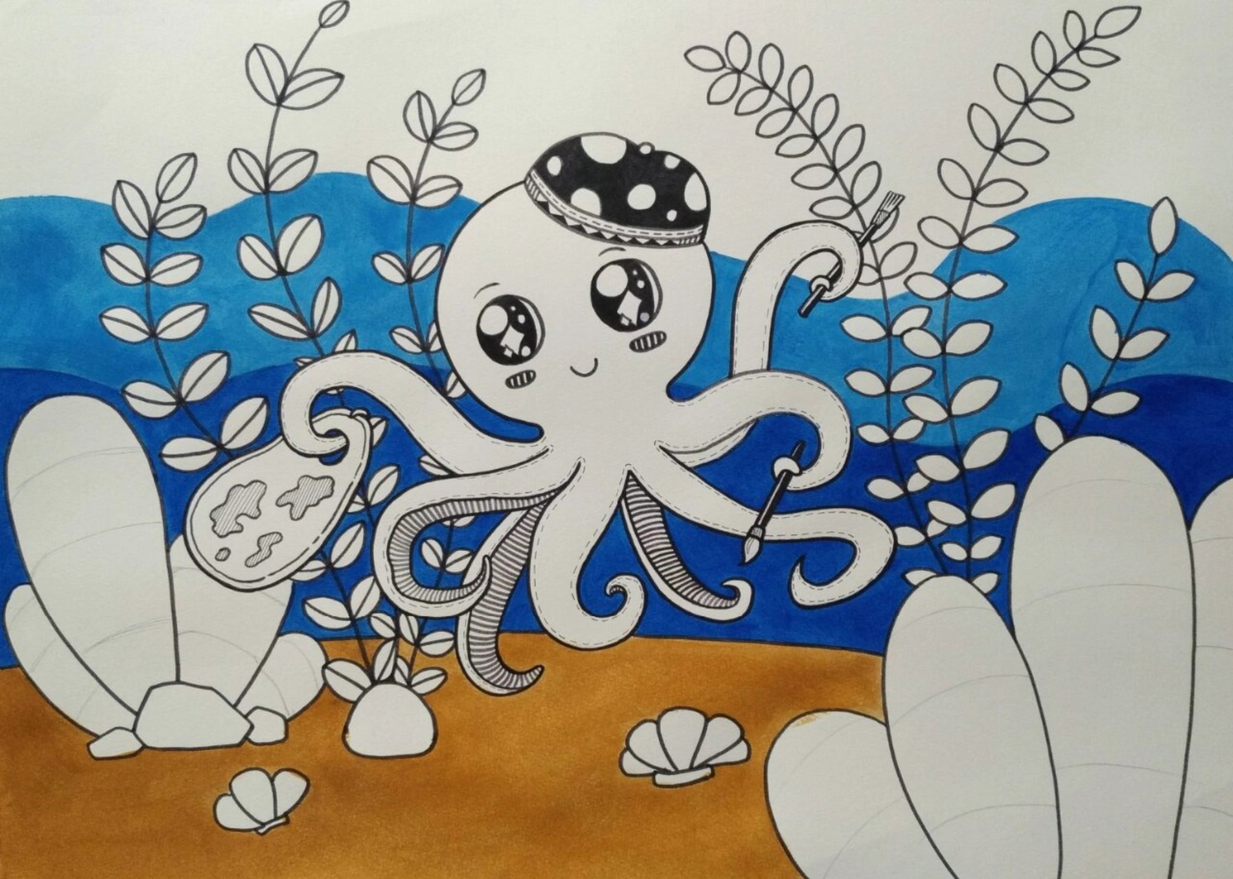 【爱画画的小章鱼】创意画 线描章鱼创意画(临摹版)