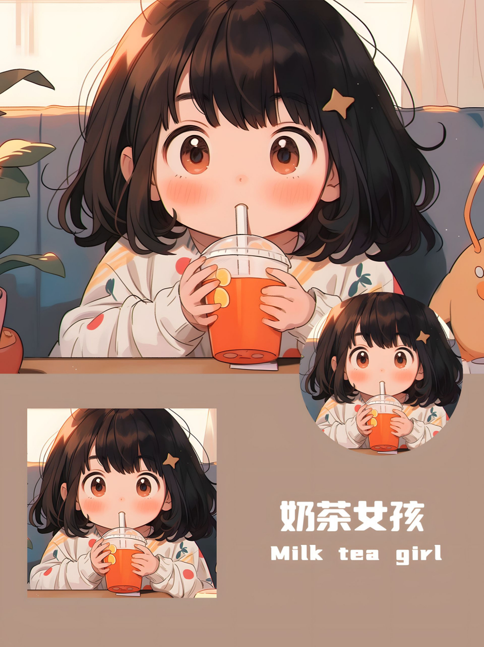 奶茶女孩丨卡通头像丨单人 一个坐在奶茶店喝着奶茶的小女孩