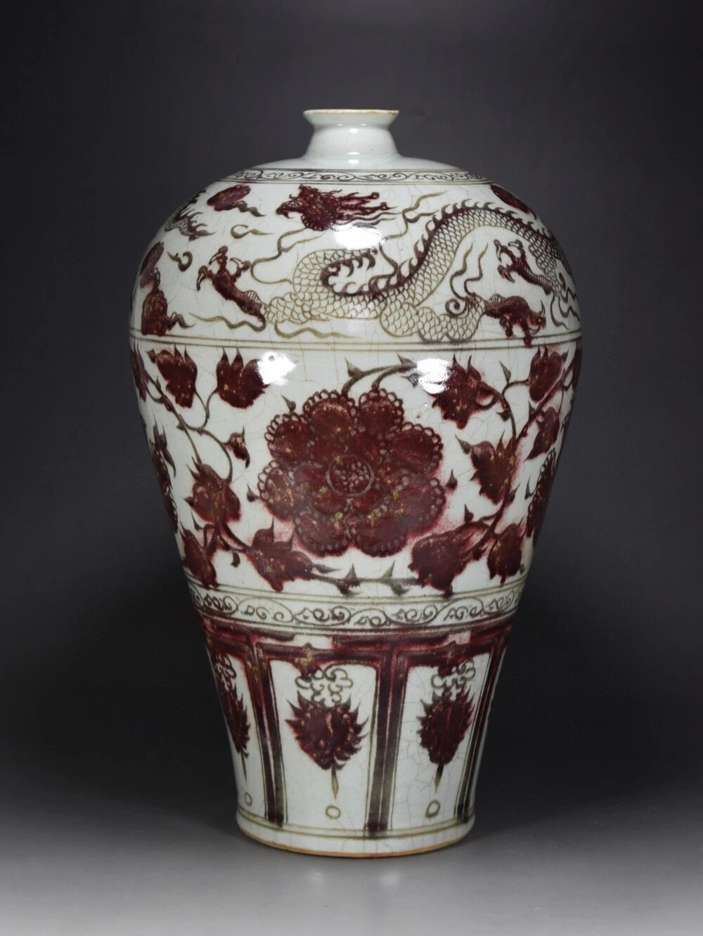 元釉里红牡丹花卉龙纹梅瓶古玩古董元代瓷器 元釉里红釉梅瓶 高42厘米